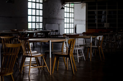 Empty chairs and tables in building