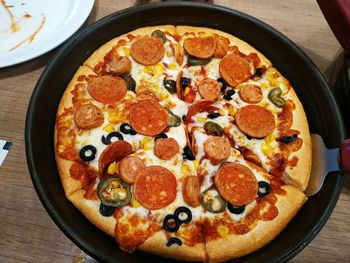 High angle view of pizza on table