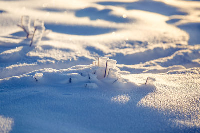 High angle view of snow covered land