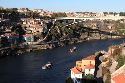 High angle view of bridge over river in town