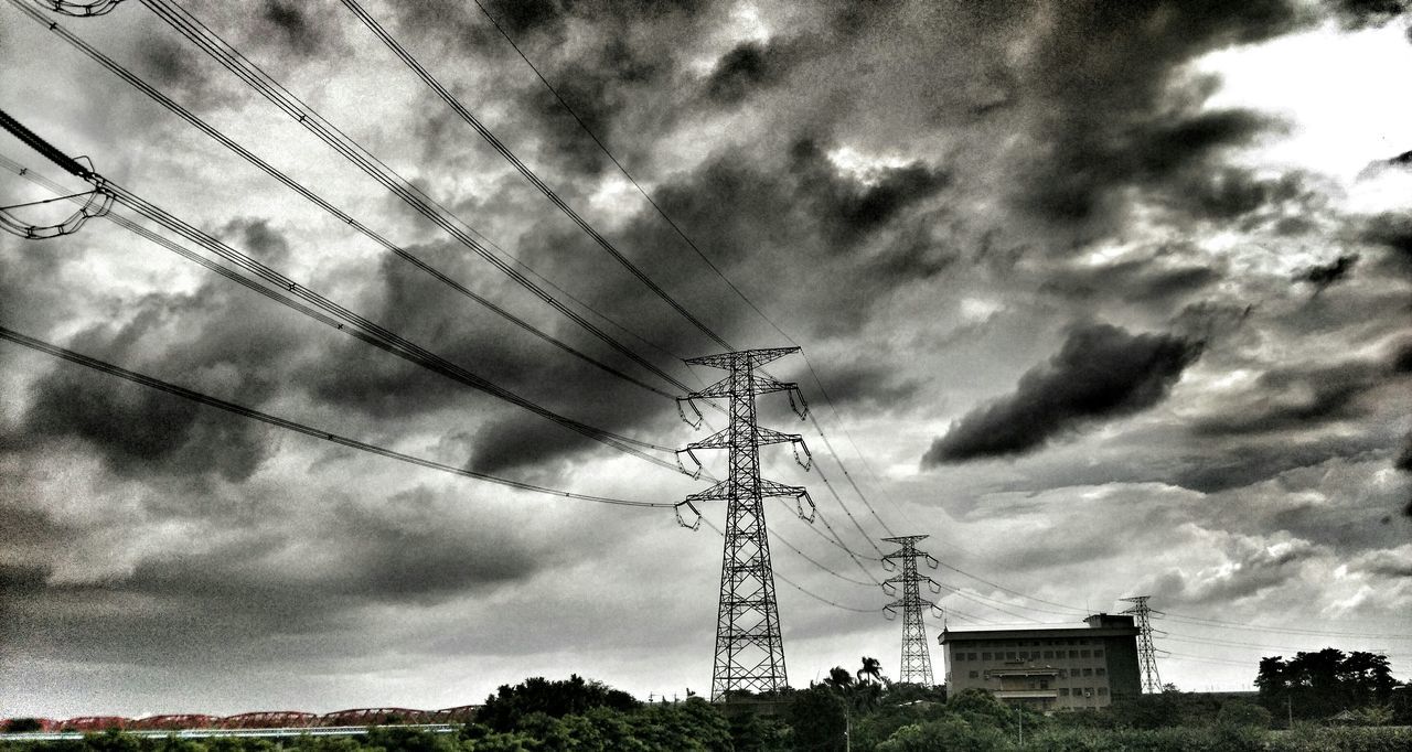 sky, power line, cloud - sky, electricity pylon, cloudy, electricity, low angle view, power supply, fuel and power generation, cable, connection, weather, cloud, technology, overcast, silhouette, built structure, building exterior, nature, tree