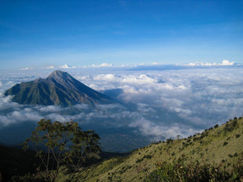 Scenic view of snowcapped mountains against blue sky