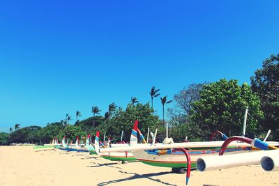 Palm trees on beach against clear blue sky