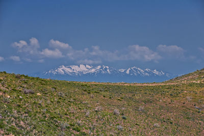 Scenic view of snowcapped mountains against sky