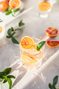 Tonic nonalcoholic mocktail with sicilian oranges and ice. cold refreshing summer mojito lemonade.