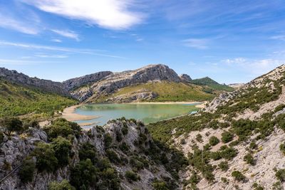 Scenic view of lake and mountains against sky