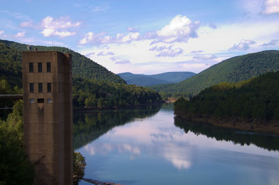Scenic view of lake by mountains against sky