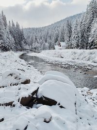 Scenic view of snow covered mountains against sky