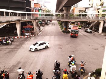 High angle view of people on road in city