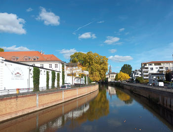 View on river nahe in bad kreuznach with the bäderhaus in the left in rhineland-palatinate, germany