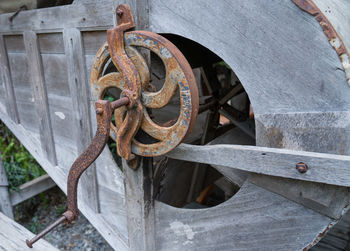 High angle view of old rusty wheel