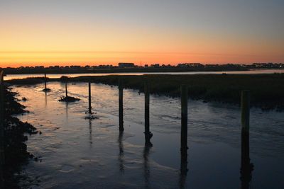 Scenic view of lake against clear sky during sunset