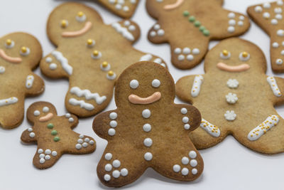 High angle view of cookies on white background