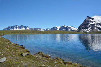 Scenic view of lake and mountains against clear blue sky