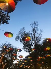 Low angle view of balloons against trees against sky