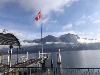 Flag by sea against sky