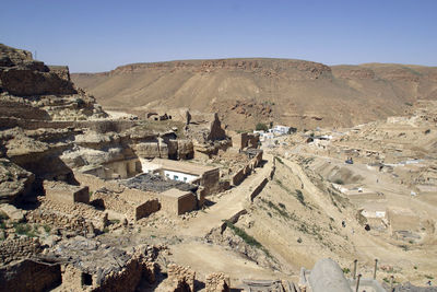 High angle view of town against clear sky