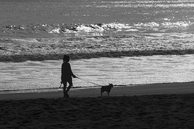 Rear view of man and dog on beach