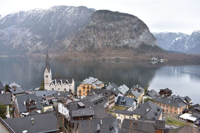 High angle view of buildings in lake