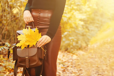 Midsection of woman holding yellow flower in field