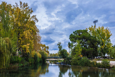 Scenic view of lake by trees against sky