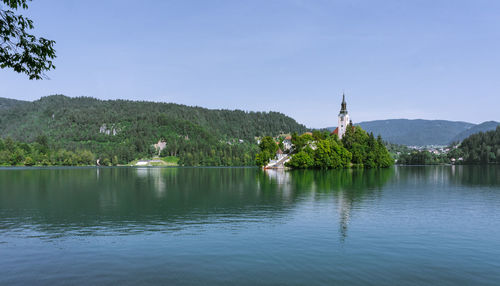 Scenic view of lake with mountains in background