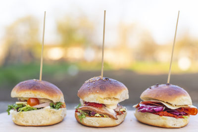 Close-up of burger on table