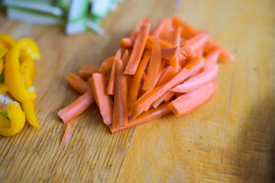 High angle view of chopped vegetables on cutting board