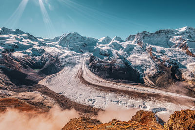 Aerial view of snowcapped mountains against sky