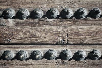 High angle view of objects on wood
