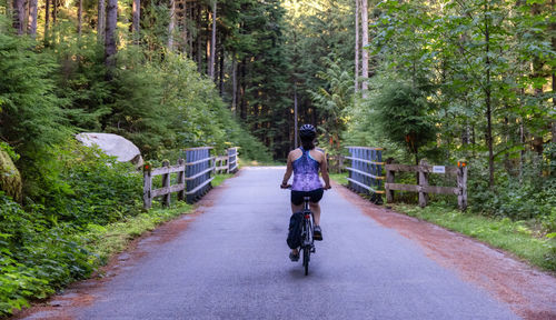 Rear view of man riding bicycle on road