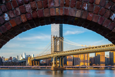 View of suspension bridge over river