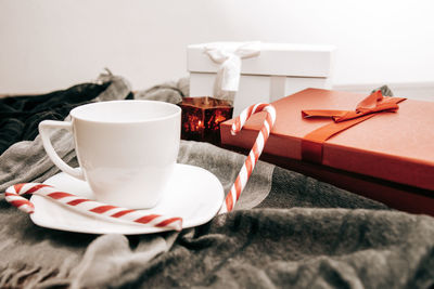 Close-up of coffee cup on table