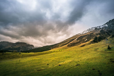 Scenic view of mountains against cloudy sky