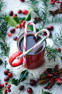 Close-up of christmas decorations on table