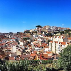 Residential district against clear blue sky