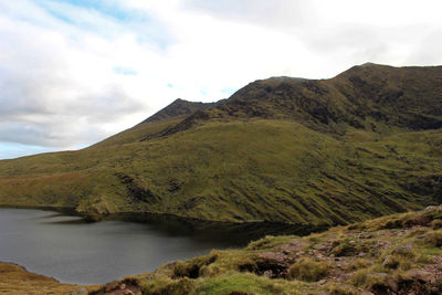 Scenic view of lake and mountains against sky