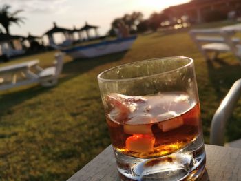 Close-up of beer in glass on table