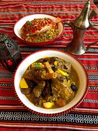 High angle view of soup served in bowl