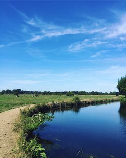 Scenic view of lake by field against sky