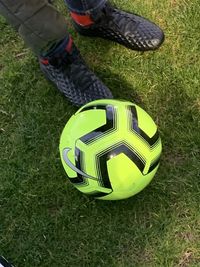 High angle view of soccer ball on field