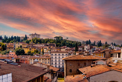 High angle view of townscape against sky at sunset