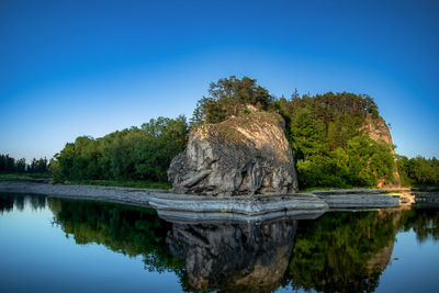 Scenic view of lake against clear blue sky