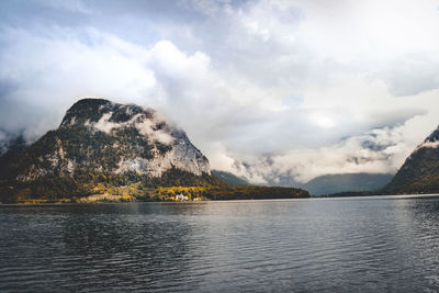 Scenic view of lake by mountains against sky