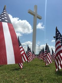 Red flags on grass against sky