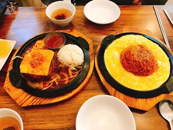 High angle view of breakfast served on table