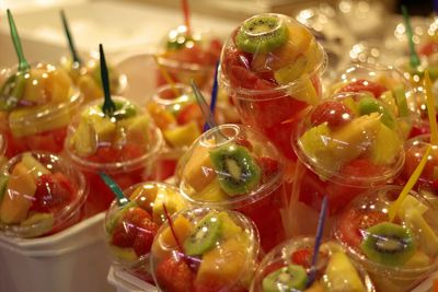 High angle view of candies in glass on table