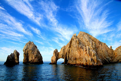 Panoramic view of rocks by sea against blue sky