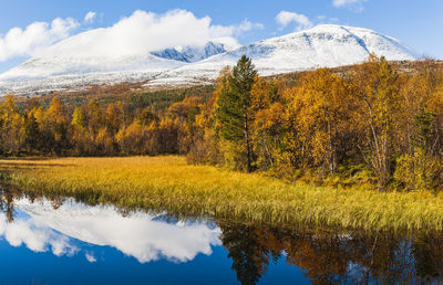 Autumn colors besides small lake in front of snowcovered mountains autumn colors