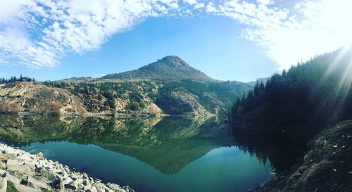 Scenic view of lake and mountains against sky